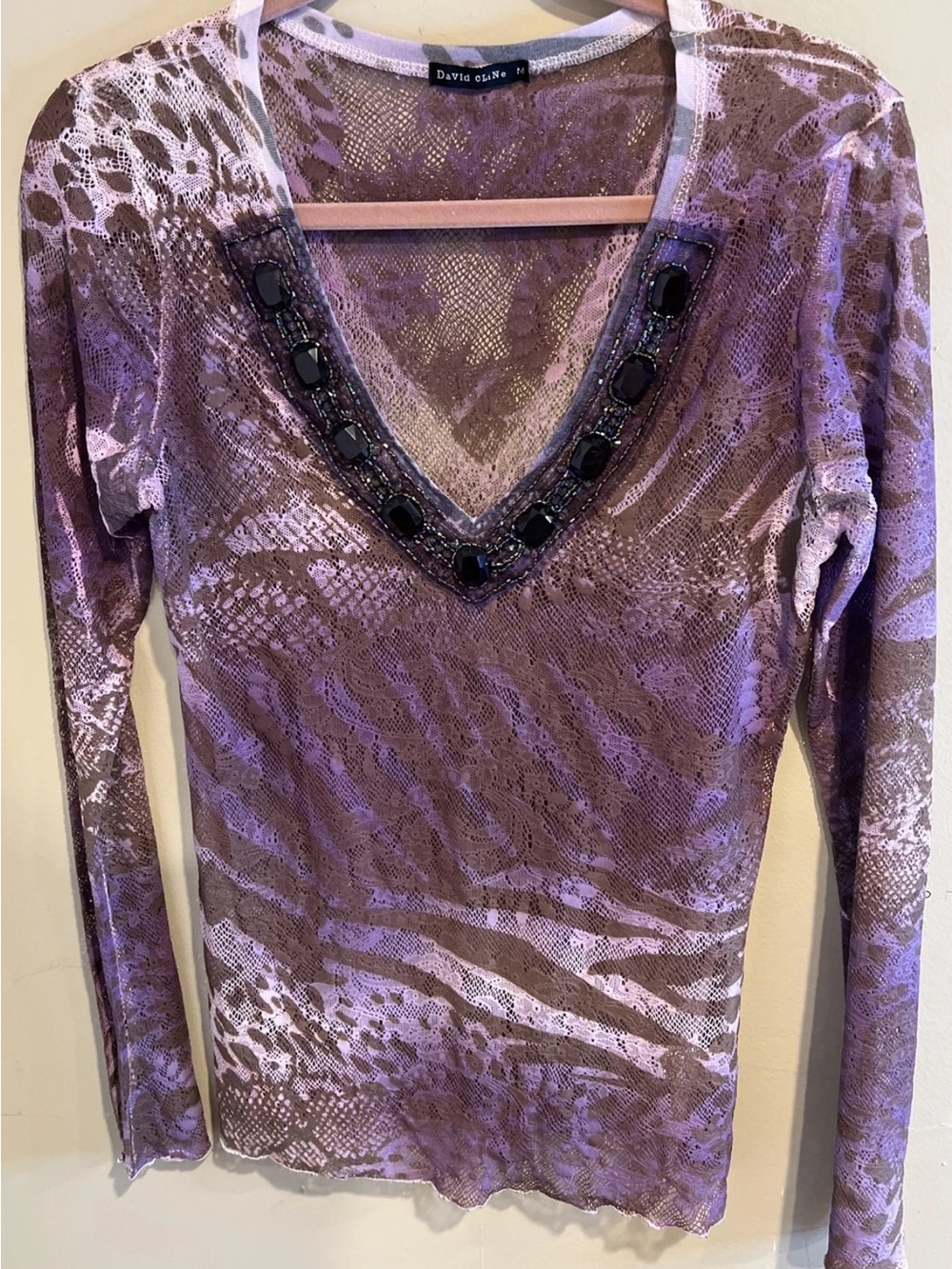 David Cline Lavender V-Neck Long Sleeve Lace-Print Top with Beaded Trim